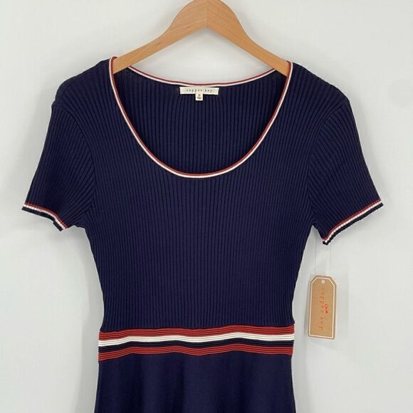 Copper Key Ribbed Knit Fit & Flare Sweater Skater Dress Mini Juniors Medium Navy - Picture 2 of 7